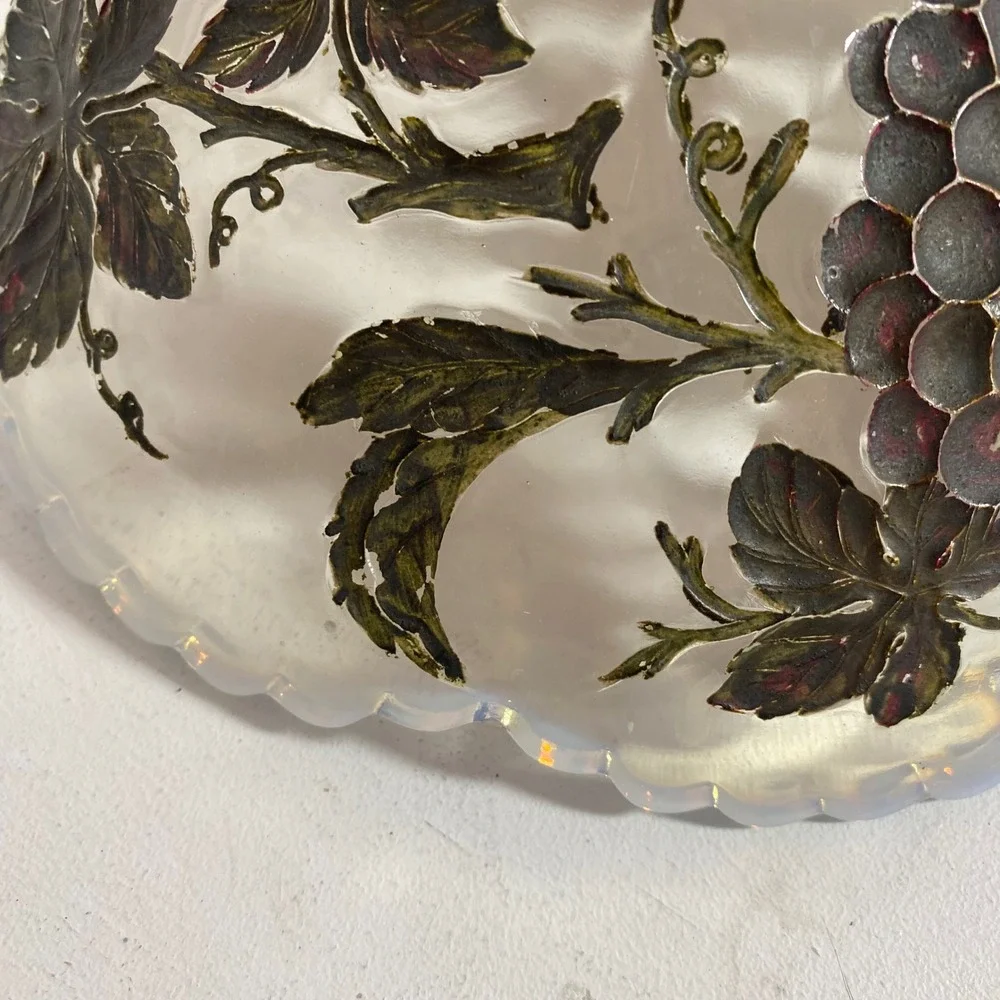 Vintage Dugan Goofus Painted Grape Glass Bowl Milk Glass Scalloped Edge 11